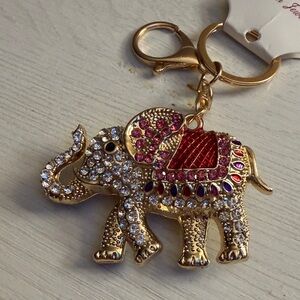 Gold-Tone Rhinestone Elephant Keychain with Pink Accents